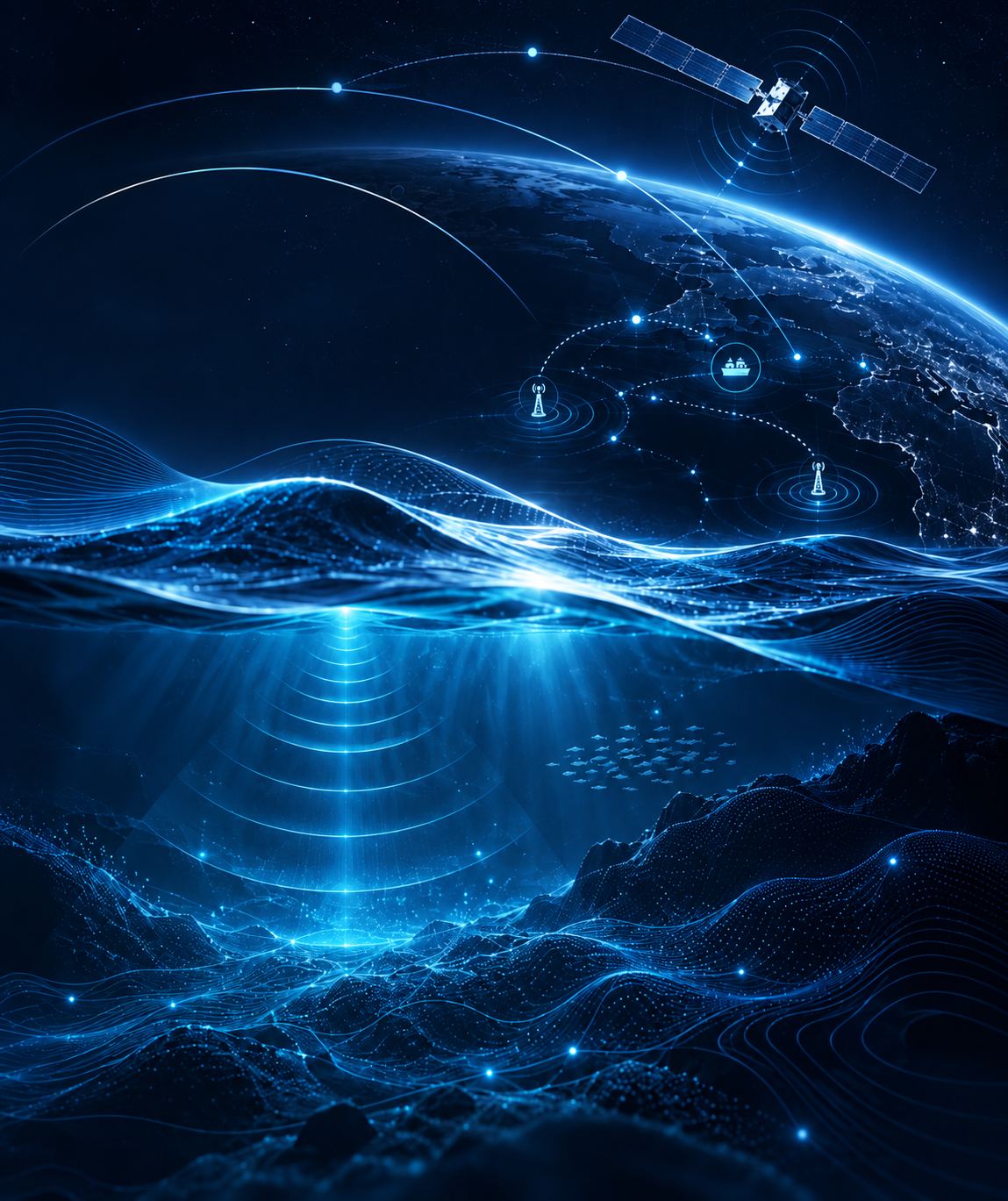 Satellite uplink, LoRa network and sonar sweep over the ocean floor